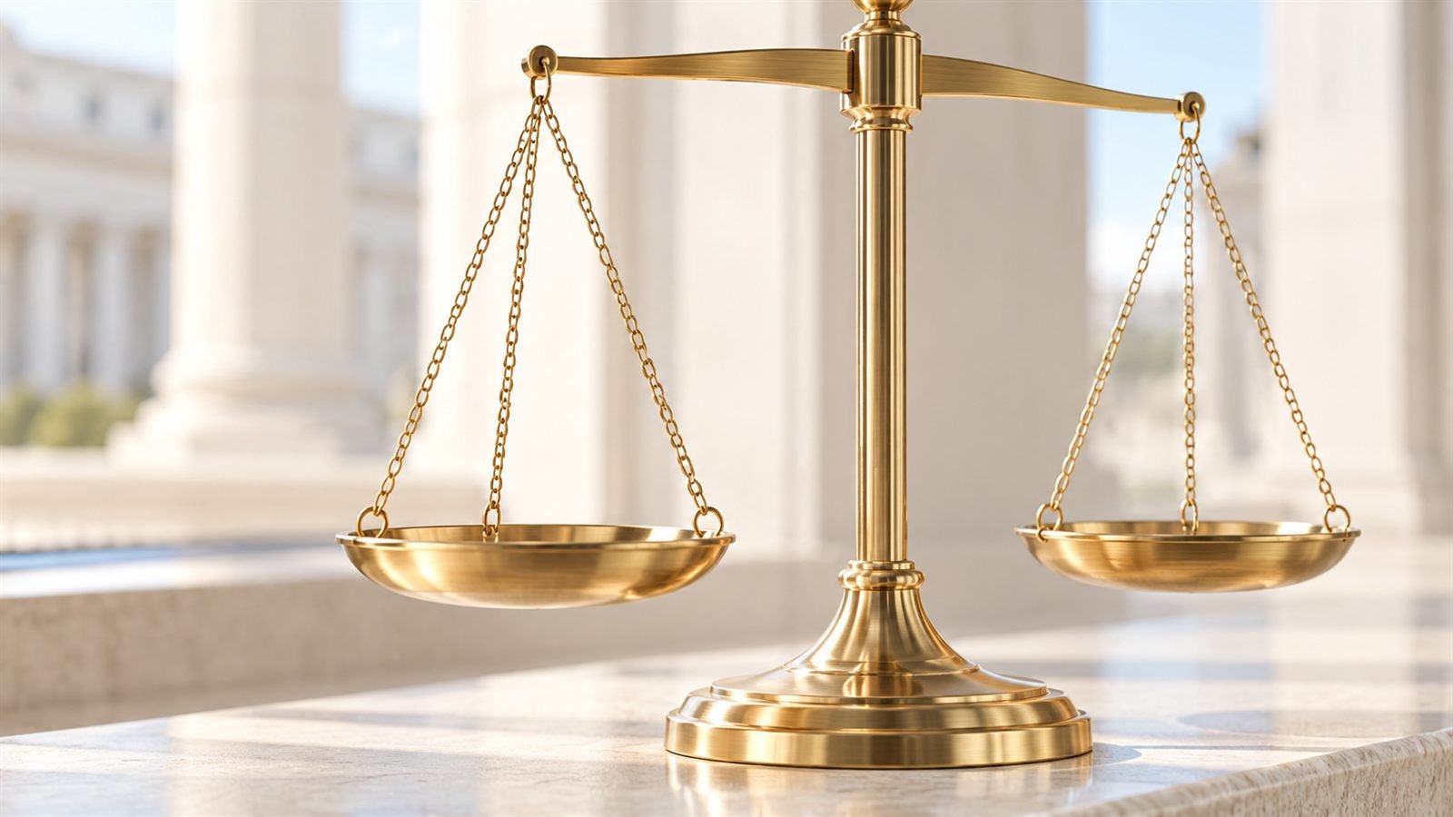 Brass balance scales on a marble ledge in front of courthouse columns