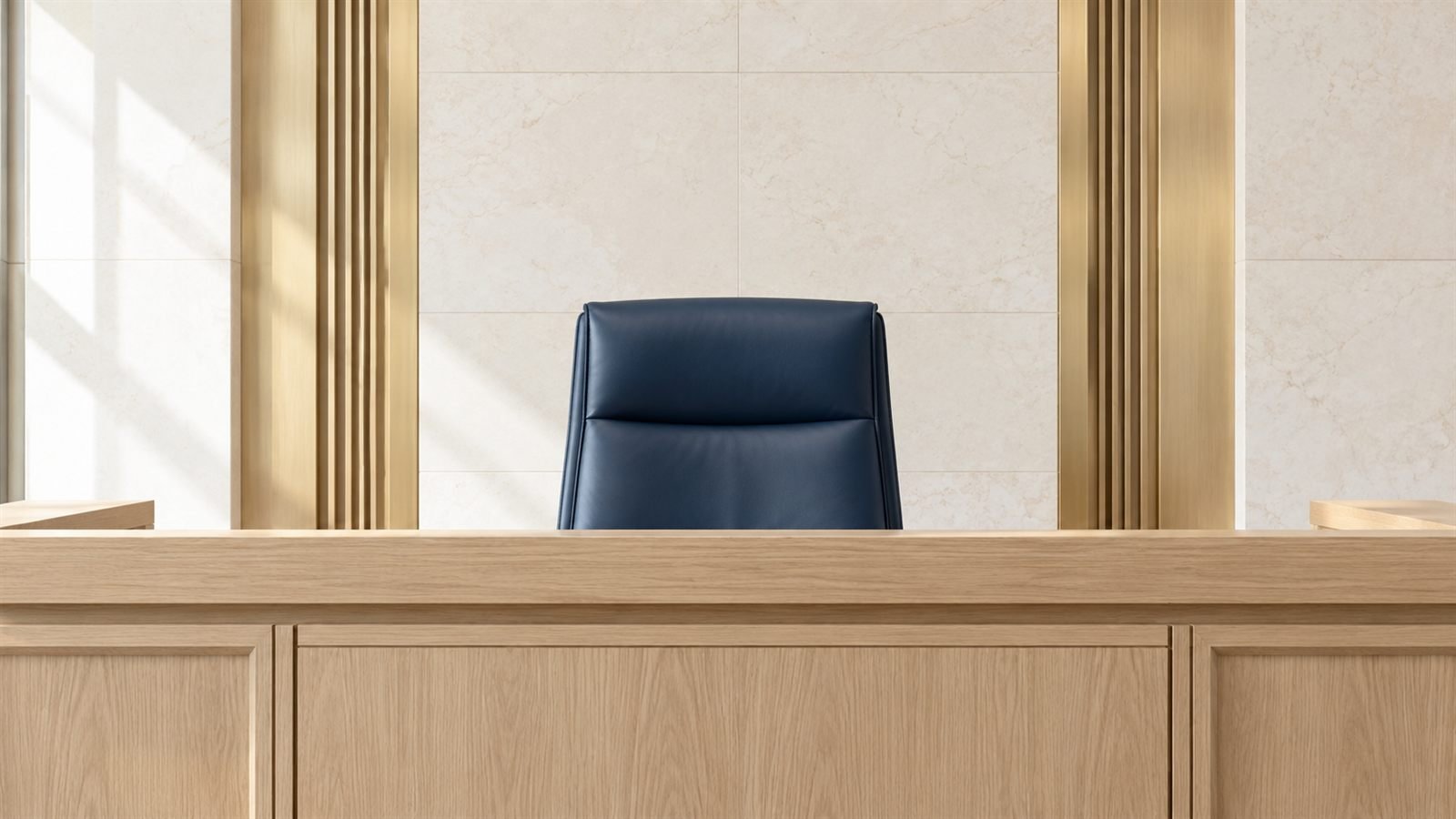 Empty navy leather chair behind an oak courtroom bench in soft daylight