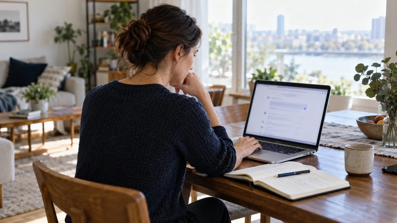 Woman at a dining table typing questions into a search page on a laptop beside an open notebook