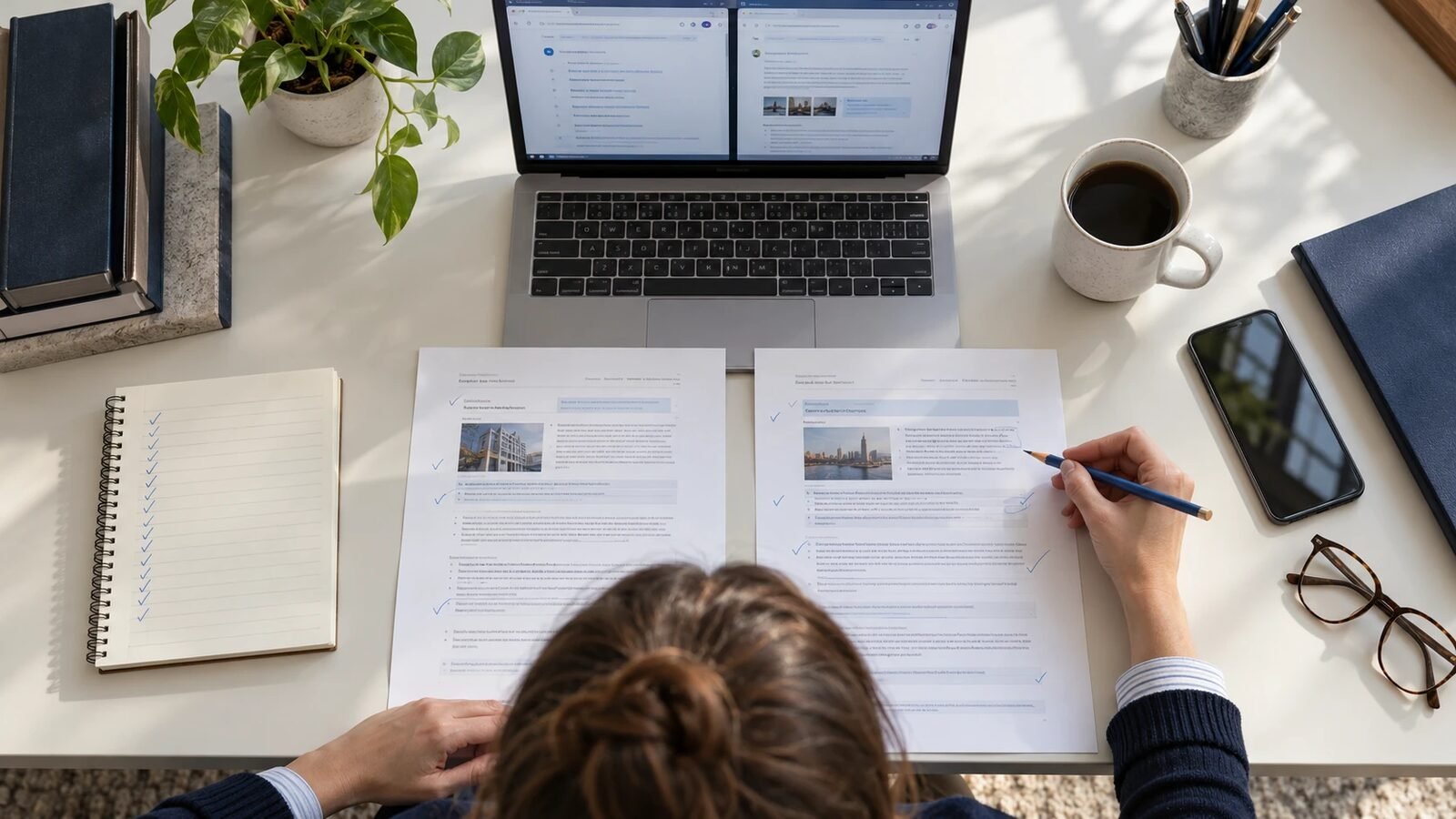 Overhead view of a reviewer checking printed report pages with a pen beside a laptop showing two windows