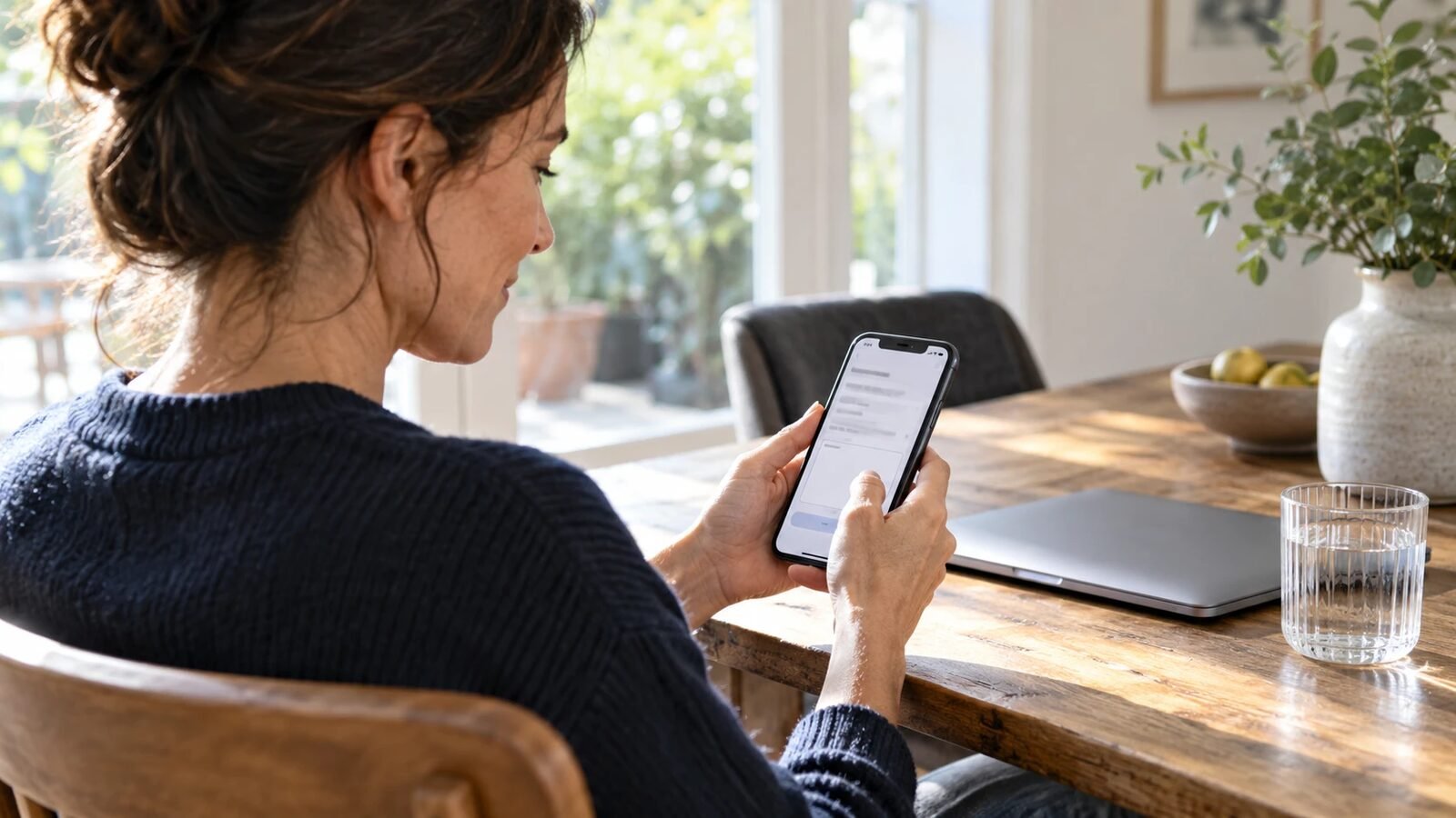 Woman holding a phone with an online inquiry form open at a sunlit wooden table