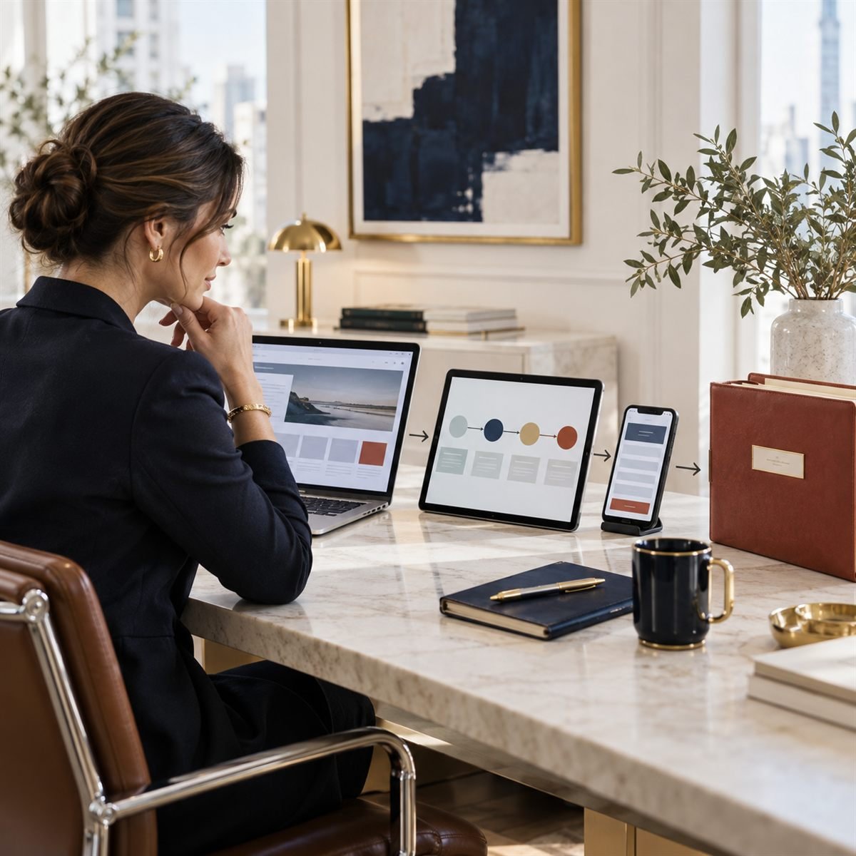 Professional reviewing a law firm website, an intake funnel on a tablet, and a contact form on a phone beside a matter file