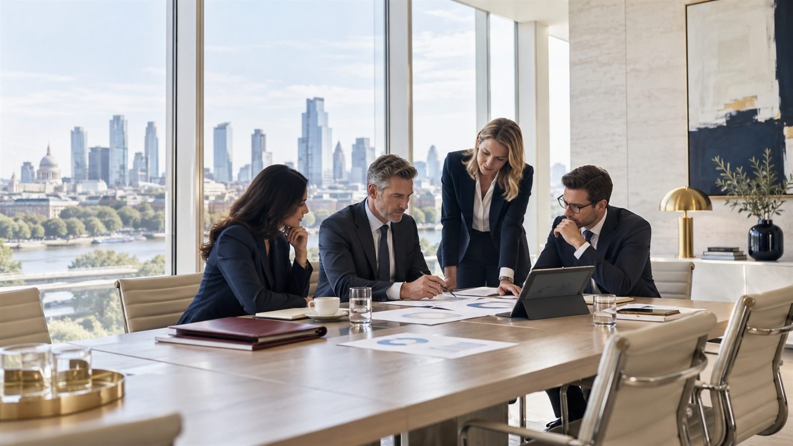Law firm team reviewing marketing charts and printed reports at a conference table overlooking a city