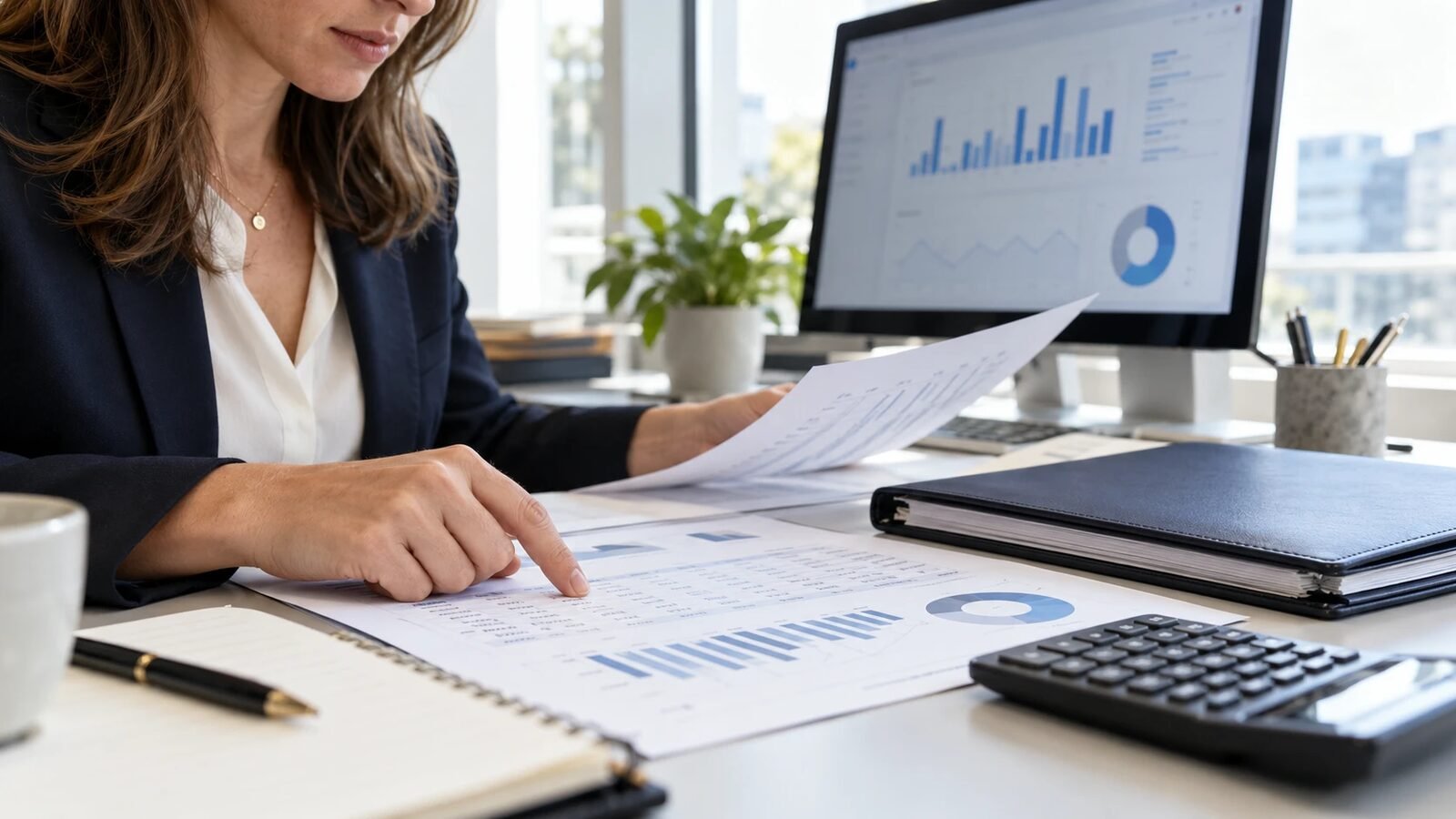 Professional pointing at a printed report of charts and figures beside a monitor showing a bar chart dashboard