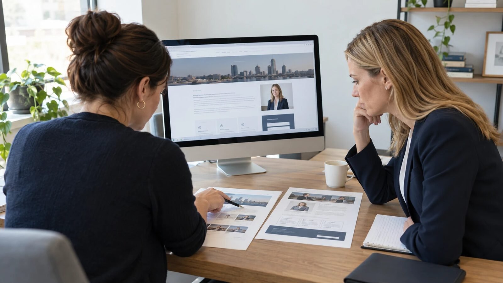 Two colleagues reviewing a law firm practice page on a desktop monitor with printed page layouts on the desk
