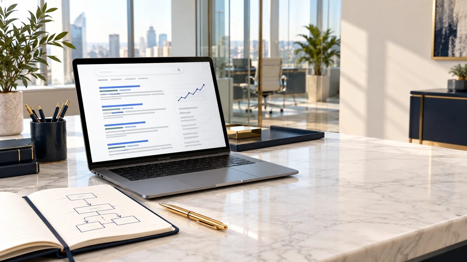 Laptop on a marble desk showing search results and a rising line chart, beside a notebook with a hand-drawn funnel sketch and a gold pen