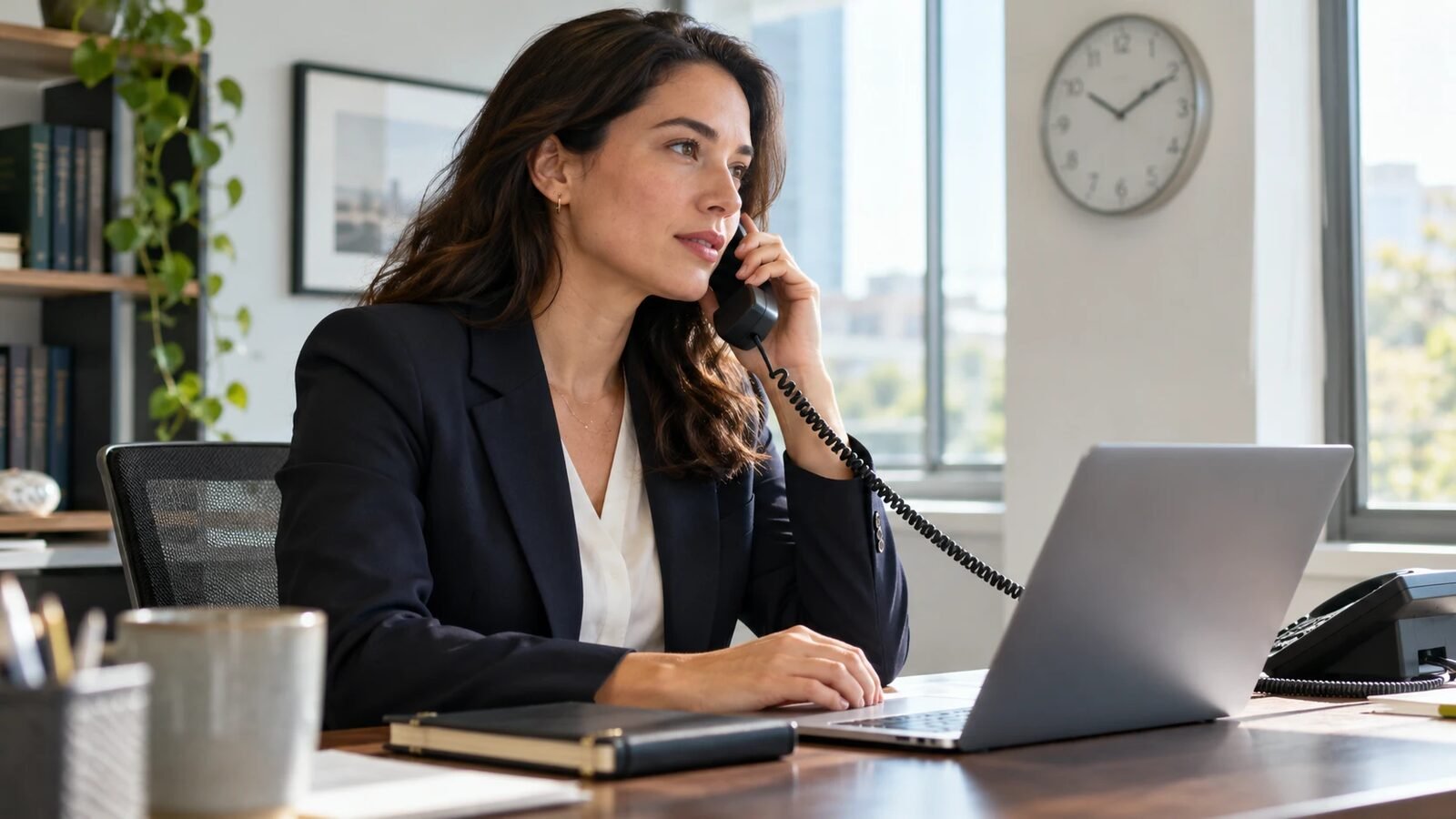 Professional on a desk phone at a laptop with a wall clock behind her in a sunlit office