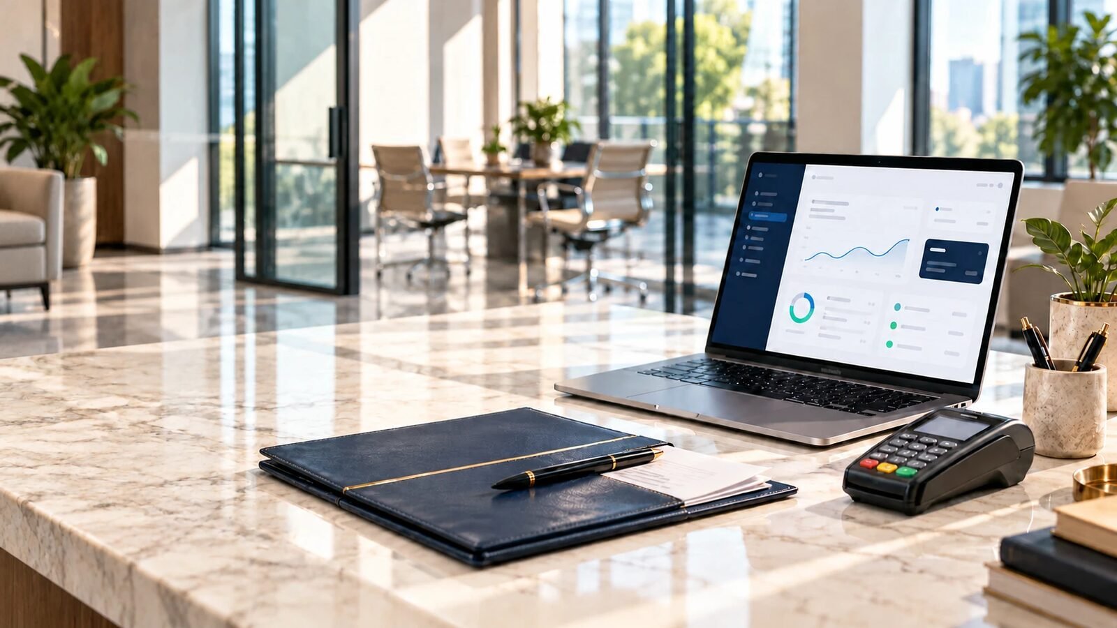 Laptop showing a website analytics dashboard beside a leather folder and card terminal on a marble desk in a sunlit office