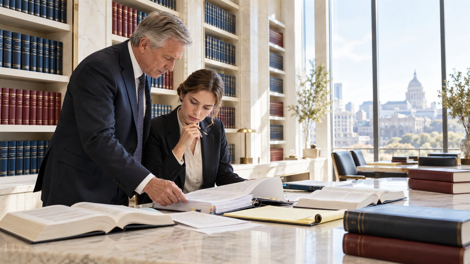 Two attorneys reviewing open law books and printed notes at a library table