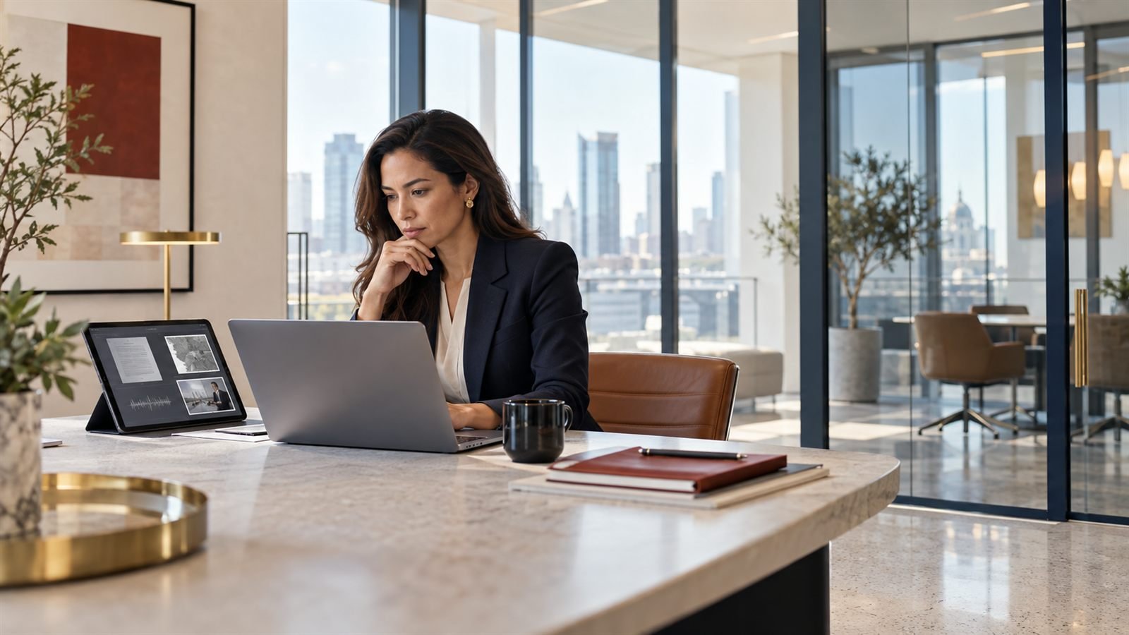 Lawyer in a navy blazer working on a laptop beside a tablet showing documents in a glass-walled office