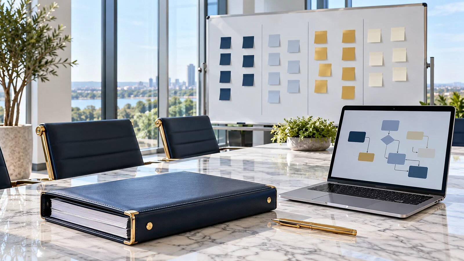 Navy leather binder and gold pen on a marble table, with a laptop showing a workflow diagram and a whiteboard of sticky notes grouped in project-phase columns
