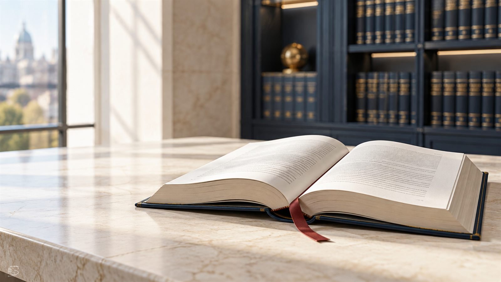 Open law book with a red ribbon marker on a marble desk in front of dark bookshelves