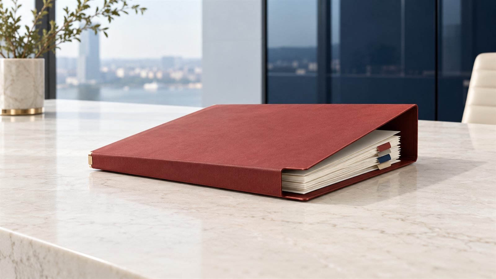 Closed rust-red case file with tabbed pages on a marble desk in a high-rise office